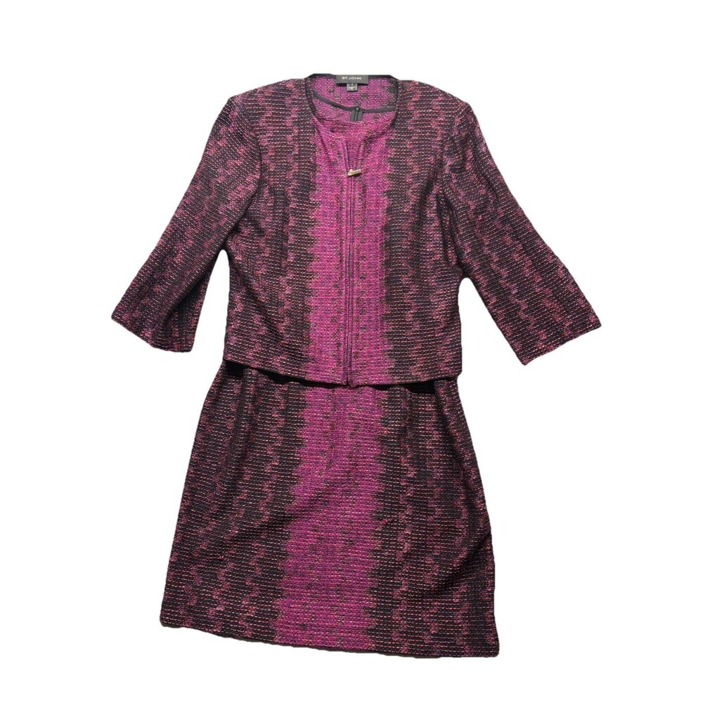 ST JOHN Dress And Jacket Set Zip Up Wool Blend Tweed Sz 12 Purple & Black